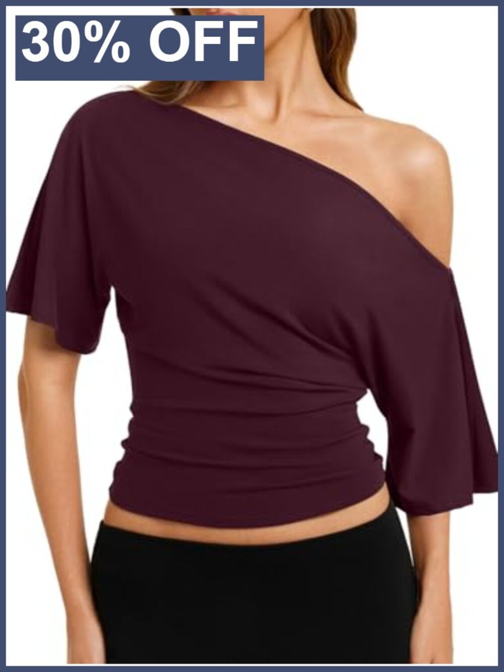 REORIA Womens Off The Shoulder Y2K Cinched Waist Top Dolman Sleeve T-Shirt